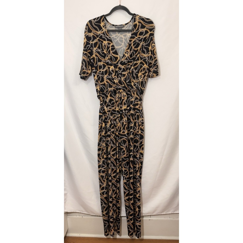 KATE & MALLORY Black Gold Chain Print Jumpsuit With Belt Stretch Knit Womens L‎